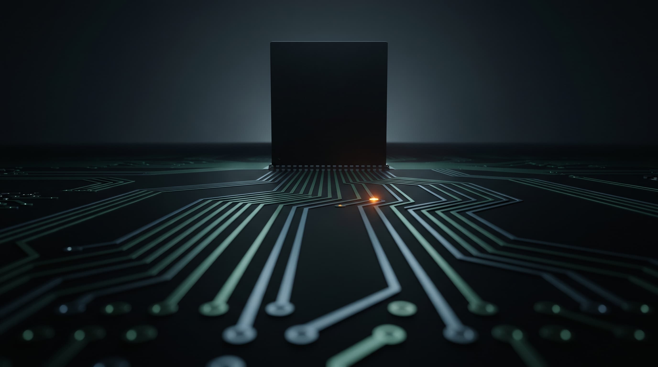 Abstract circuit board traces with a highlighted finding