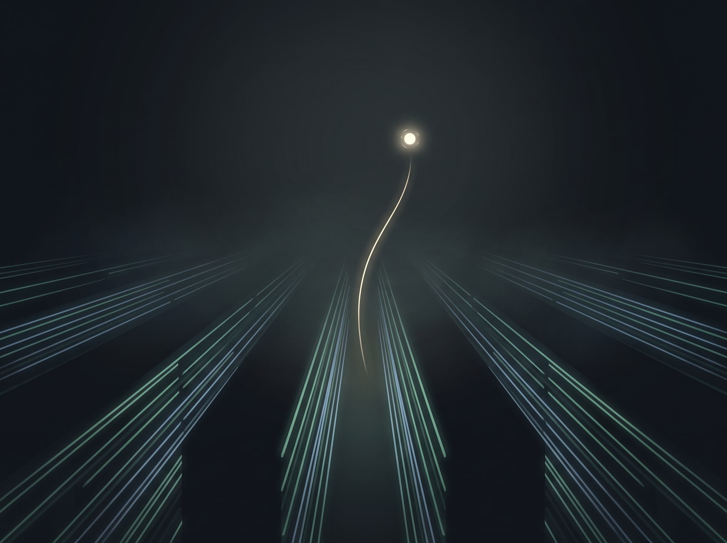 One passage of light lifted out of a dark archive of glowing shelves